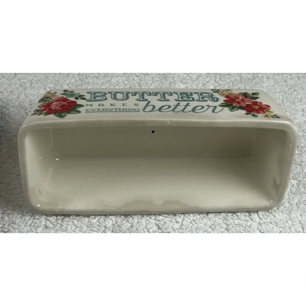 Pioneer Woman Single Stick Butter Dish Vintage Floral Stoneware Teal Red Ivory